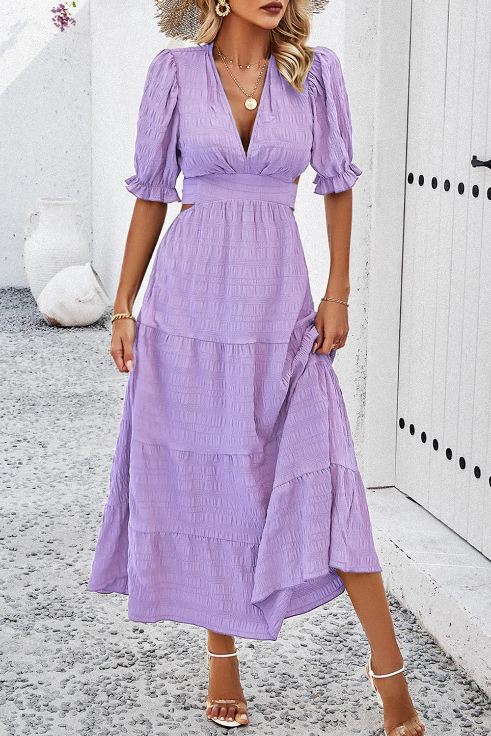 Tie Back Short Sleeve Tiered Dress Lavender Casual Dresses - Tophatter Daily Deals