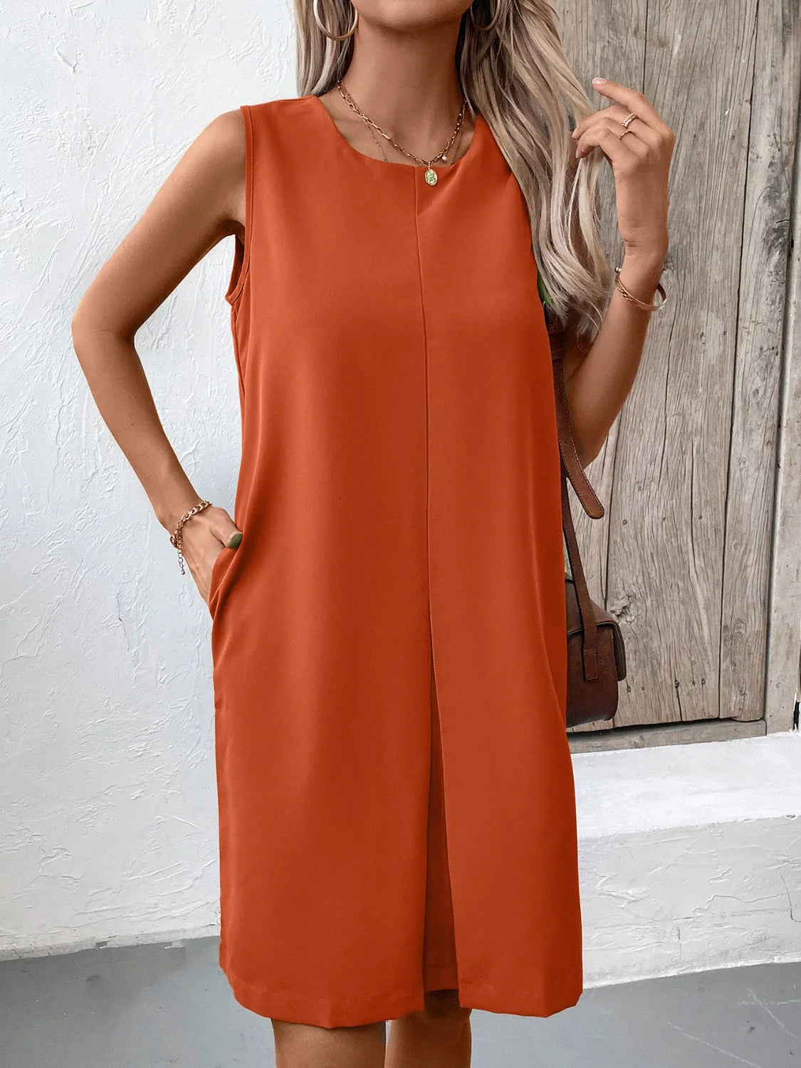 Ivy Lane Pocketed Round Neck Sleeveless Mini Dress Terracotta Casual Dresses - Tophatter Daily Deals