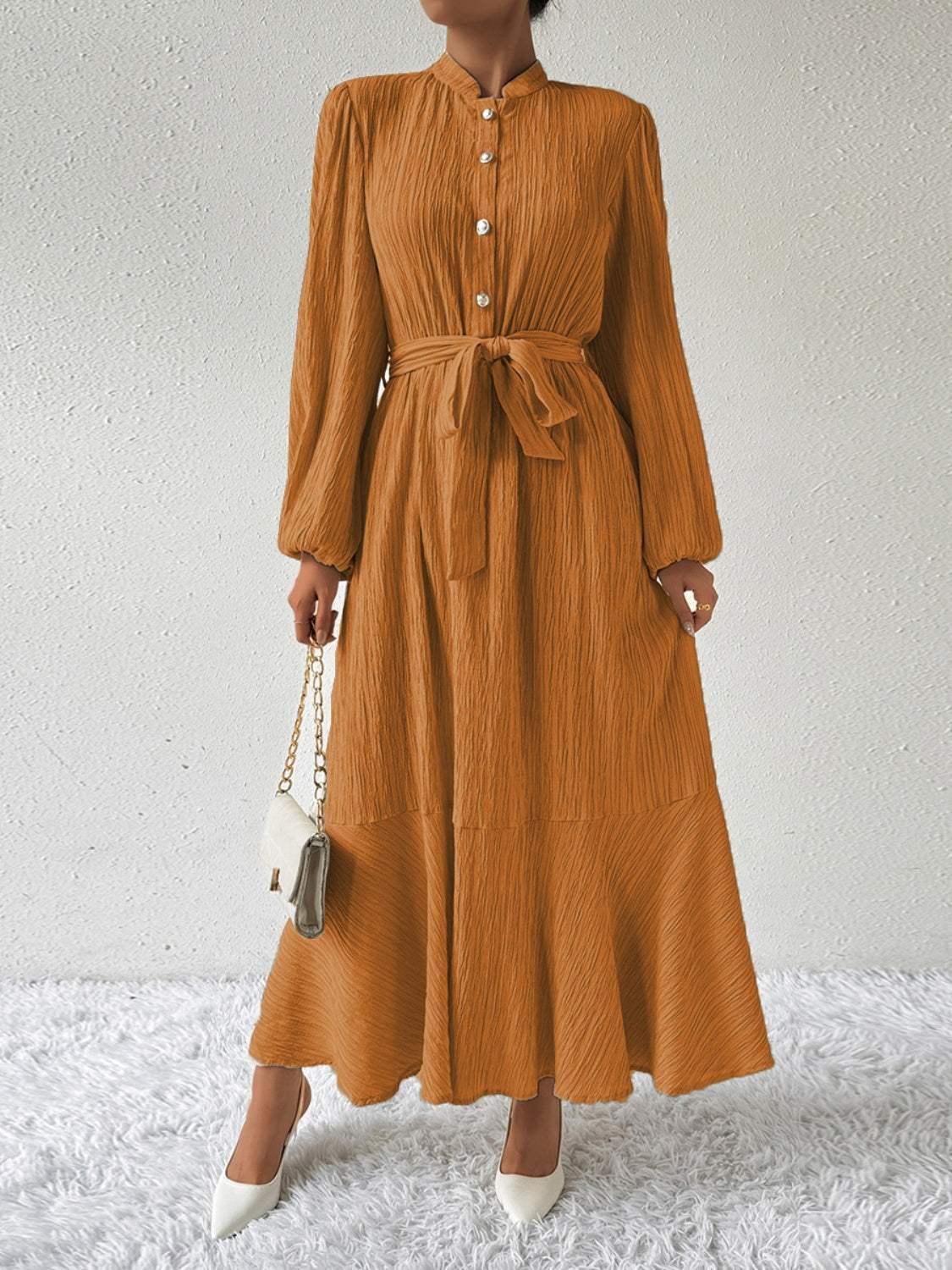 Tie Waist Long Sleeve Dress Ochre Casual Dresses - Tophatter Daily Deals