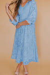 Smocked V-Neck Flounce Sleeve Dress Sky Blue Casual Dresses - Tophatter Daily Deals