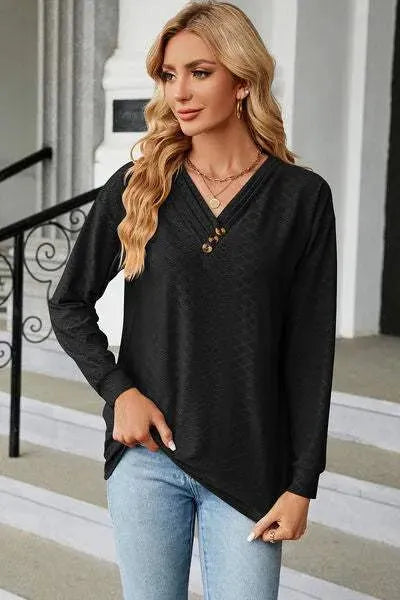 V-Neck Long Sleeve T-Shirt Black Women's T-Shirts - Tophatter Daily Deals