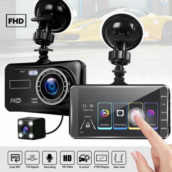 A6T 4-Inch 170° Wide Angle Full HD 1080P Car DVR Dual Lens Dash Cam Rear View Camera Video Recorder with Touch Screen Automotive - Tophatter Daily Deals