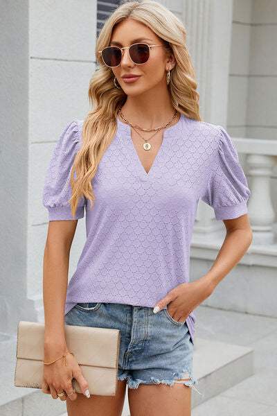 Eyelet Notched Puff Sleeve T-Shirt Lavender Women's T-Shirts - Tophatter Daily Deals