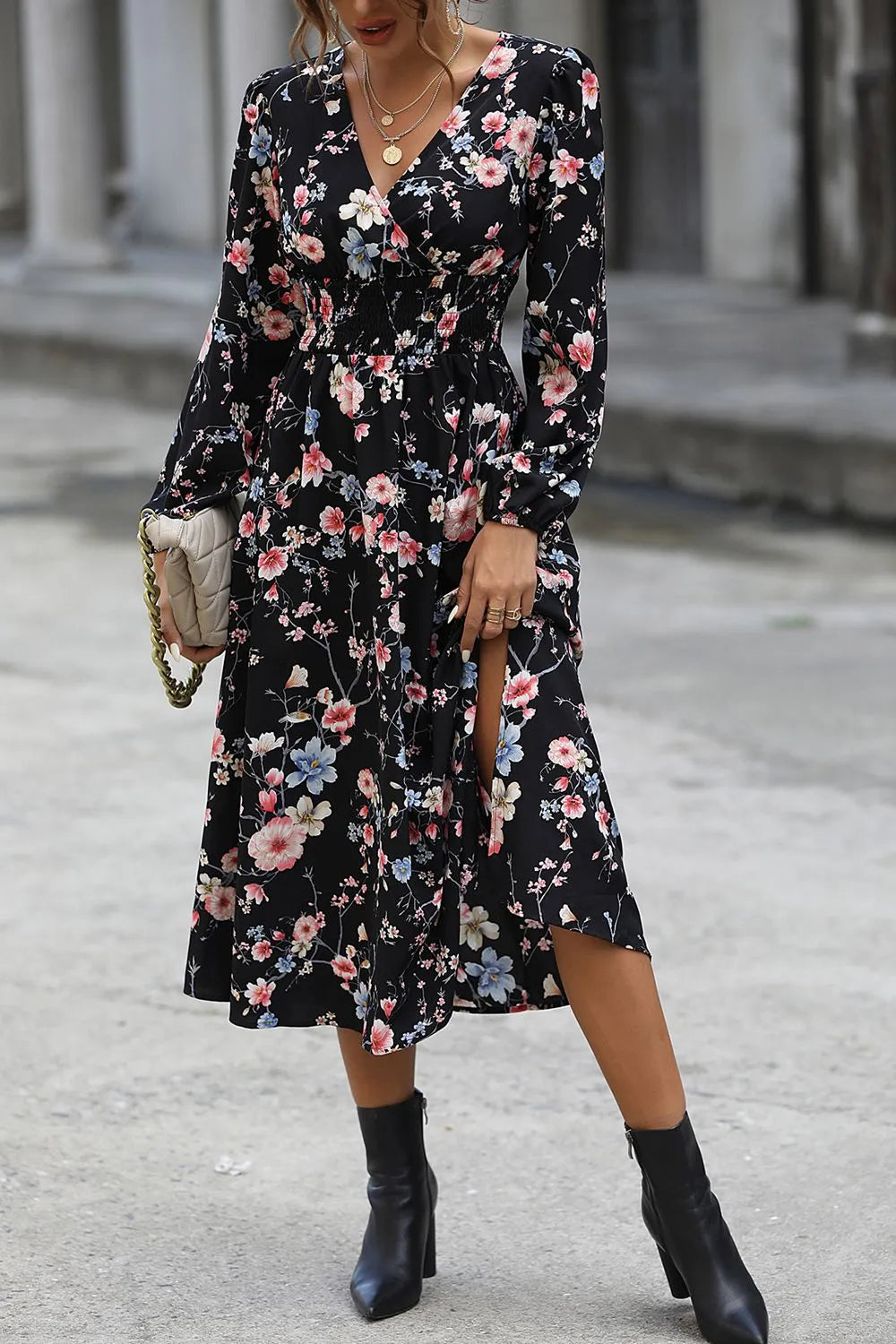 Floral Long Sleeve Surplice Neck Dress Casual Dresses - Tophatter Daily Deals