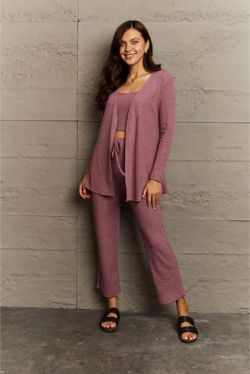 Ninexis Full Size Cropped Top, Long Pants and Cardigan Lounge Set Loungewear Sets - Tophatter Daily Deals