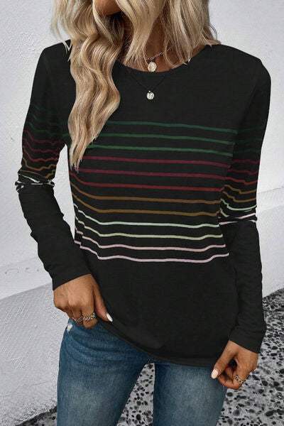 Striped Round Neck Long Sleeve T-Shirt Black Women's T-Shirts - Tophatter Daily Deals