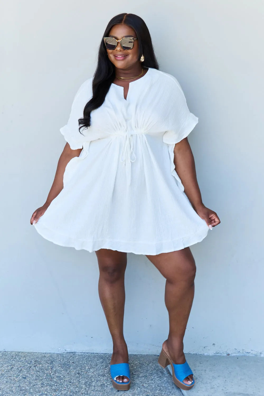 Ninexis Out Of Time Full Size Ruffle Hem Dress with Drawstring Waistband in White Casual Dresses - Tophatter Daily Deals