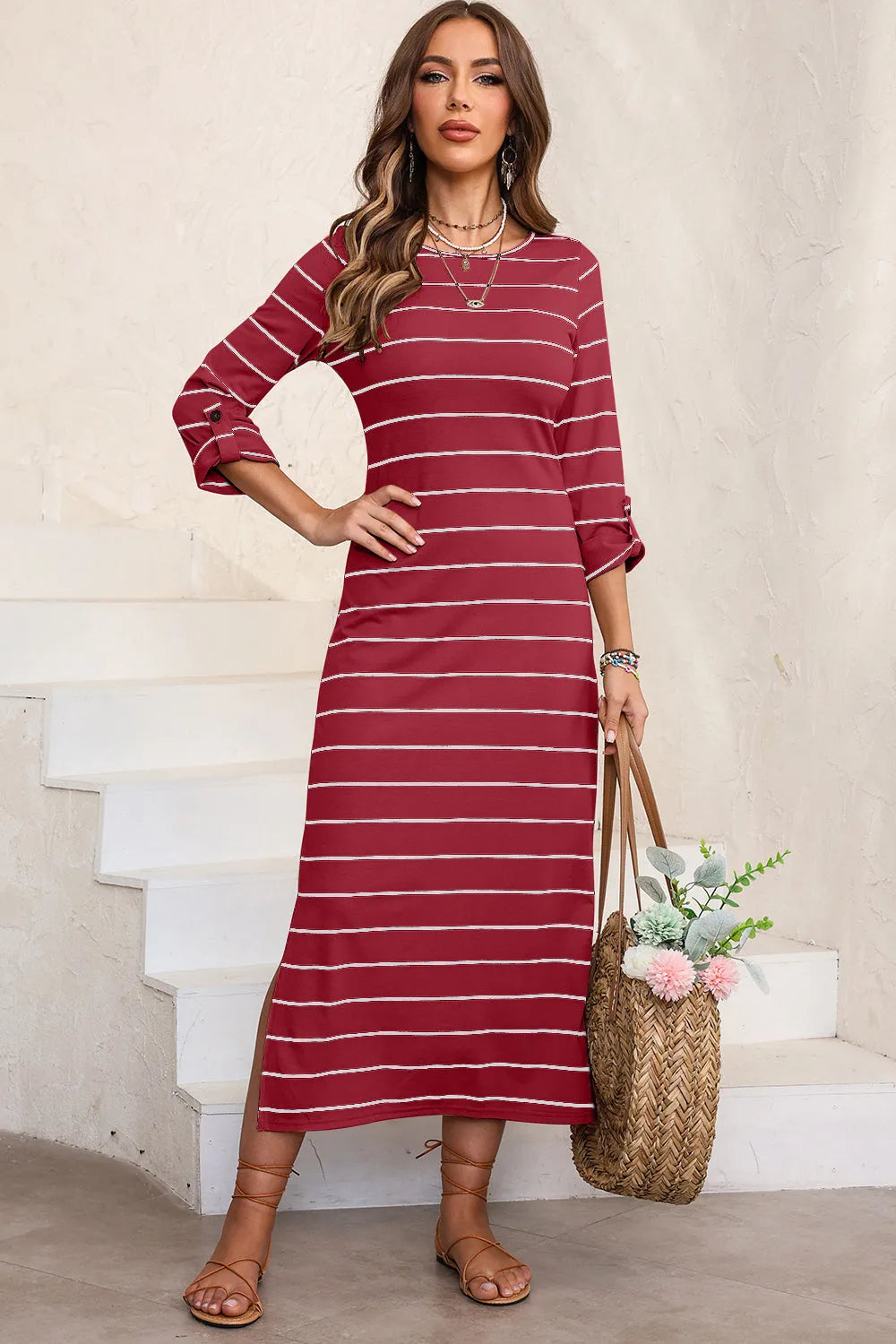 Slit Striped Round Neck Midi Dress Casual Dresses - Tophatter Daily Deals