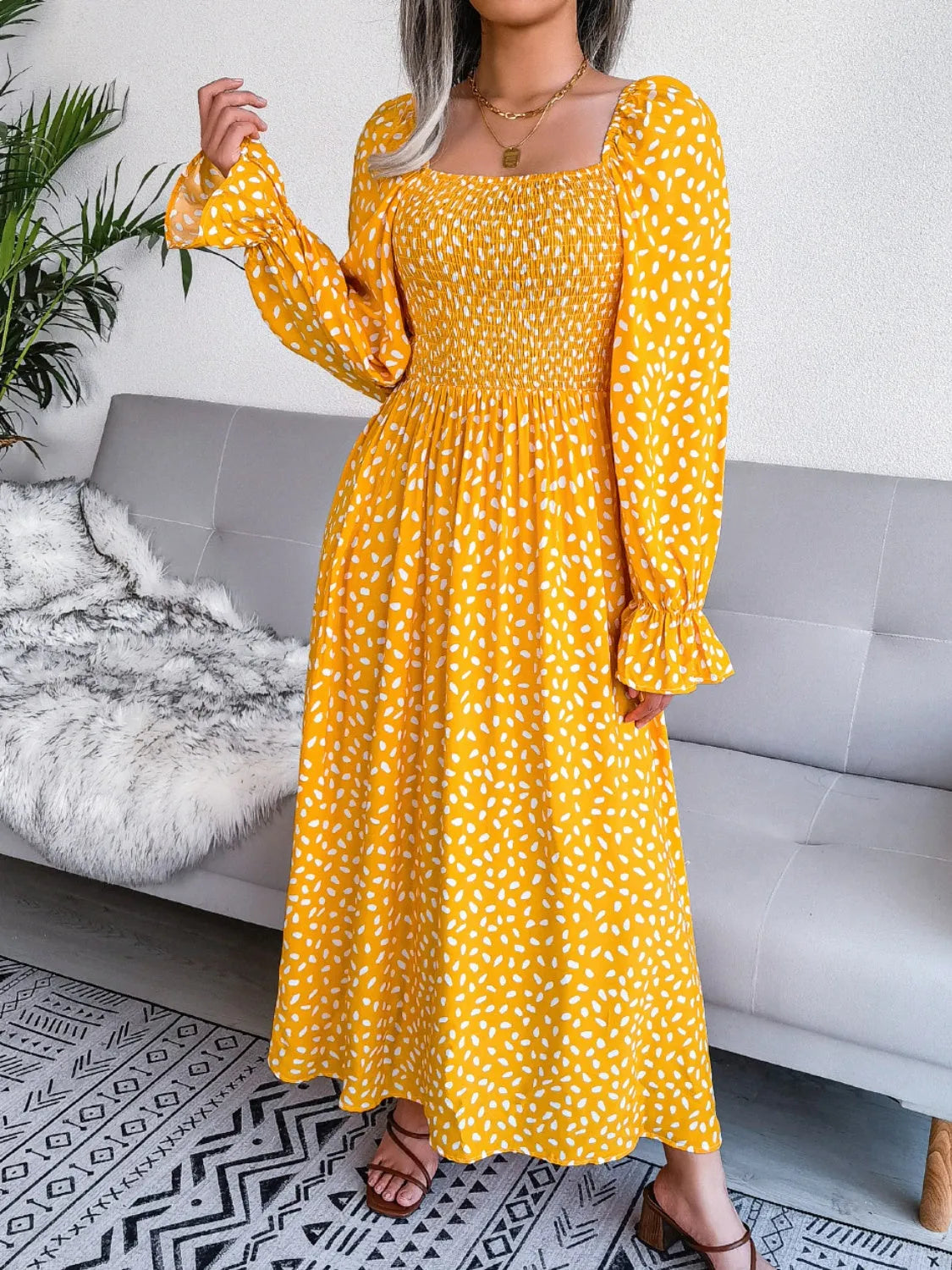 Smocked Square Neck Flounce Sleeve Dress Mustard Casual Dresses - Tophatter Daily Deals