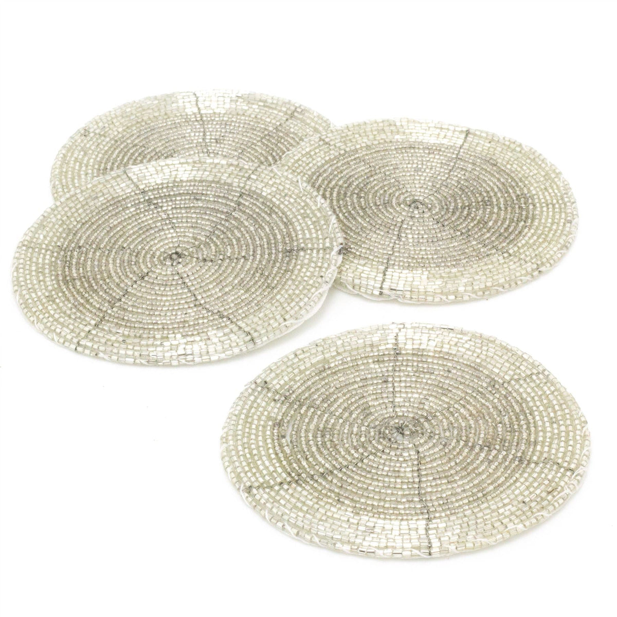 Set Of 4 Silver Glass Coasters | Chic Beaded Drinks Coaster Set | Round Cup Mug Glass Table Mats Coaster - Tophatter Daily Deals