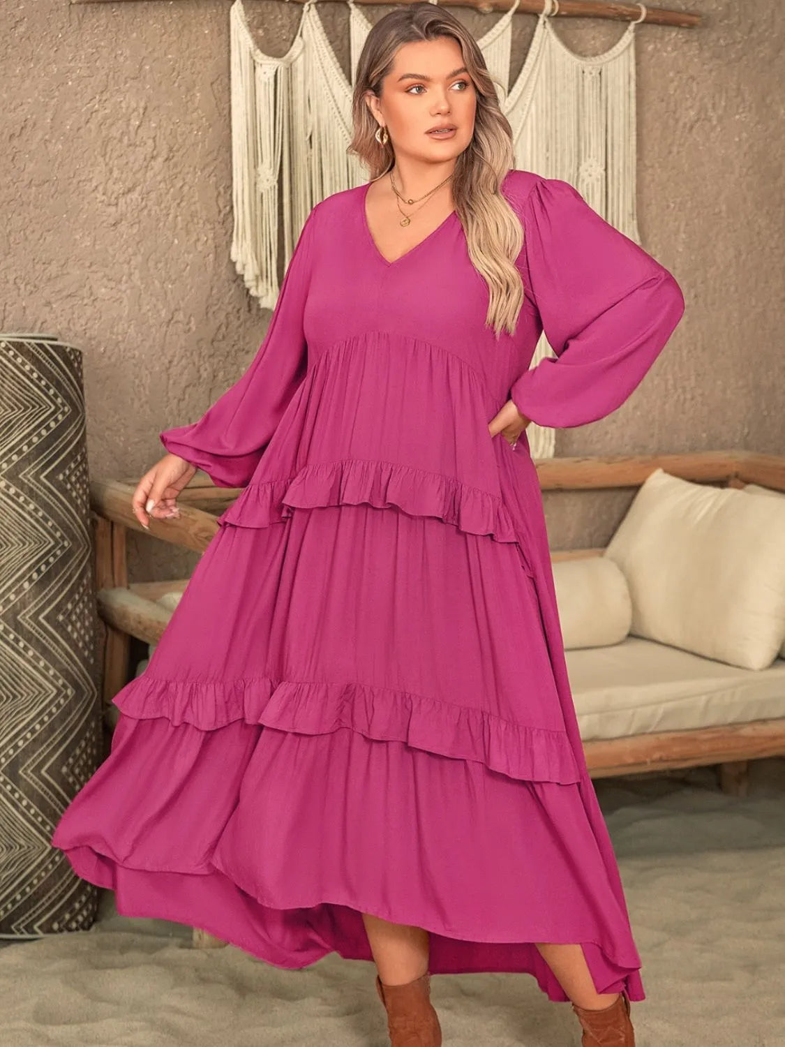 Plus Size Ruffled V-Neck Long Sleeve Dress Casual Dresses - Tophatter Daily Deals