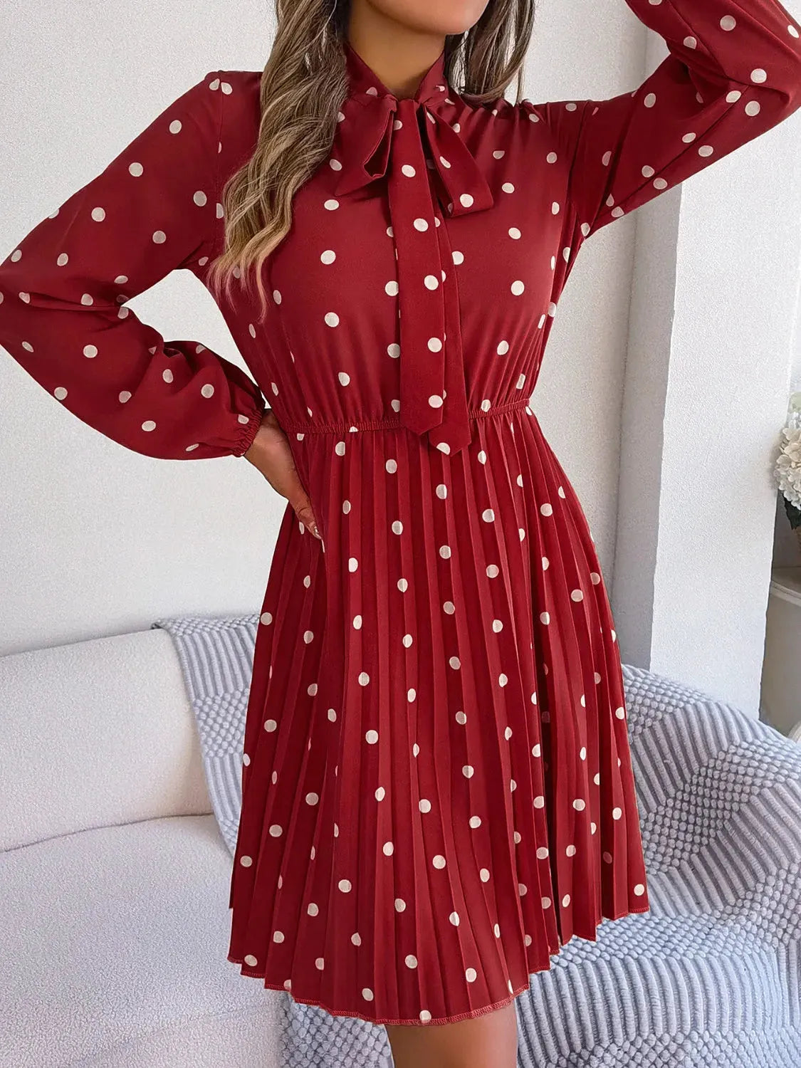 Polka Dot Tie Neck Pleated Dress Casual Dresses - Tophatter Daily Deals