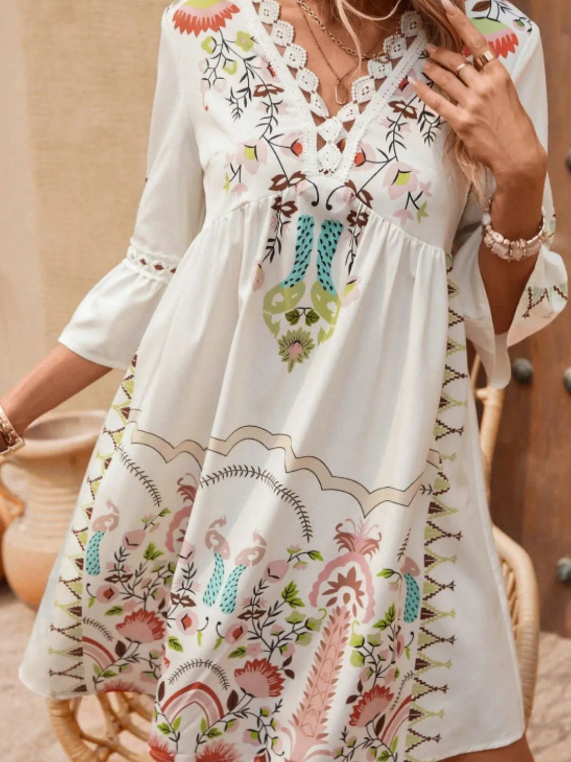 Lace Detail Printed Three-Quarter Sleeve Dress Casual Dresses - Tophatter Daily Deals