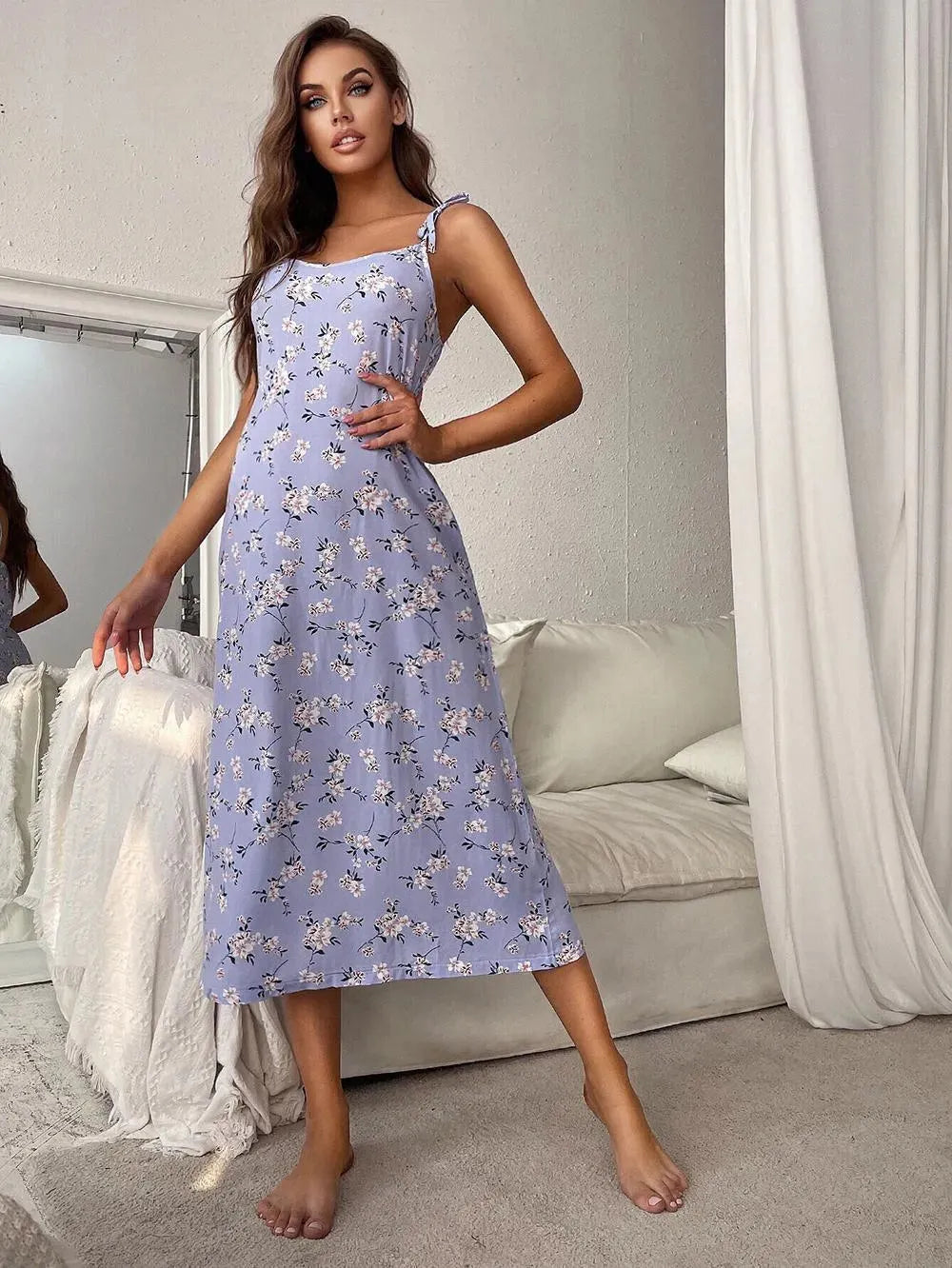 Printed Tie Shoulder Midi Night Dress Blue Sleep Dresses - Tophatter Daily Deals