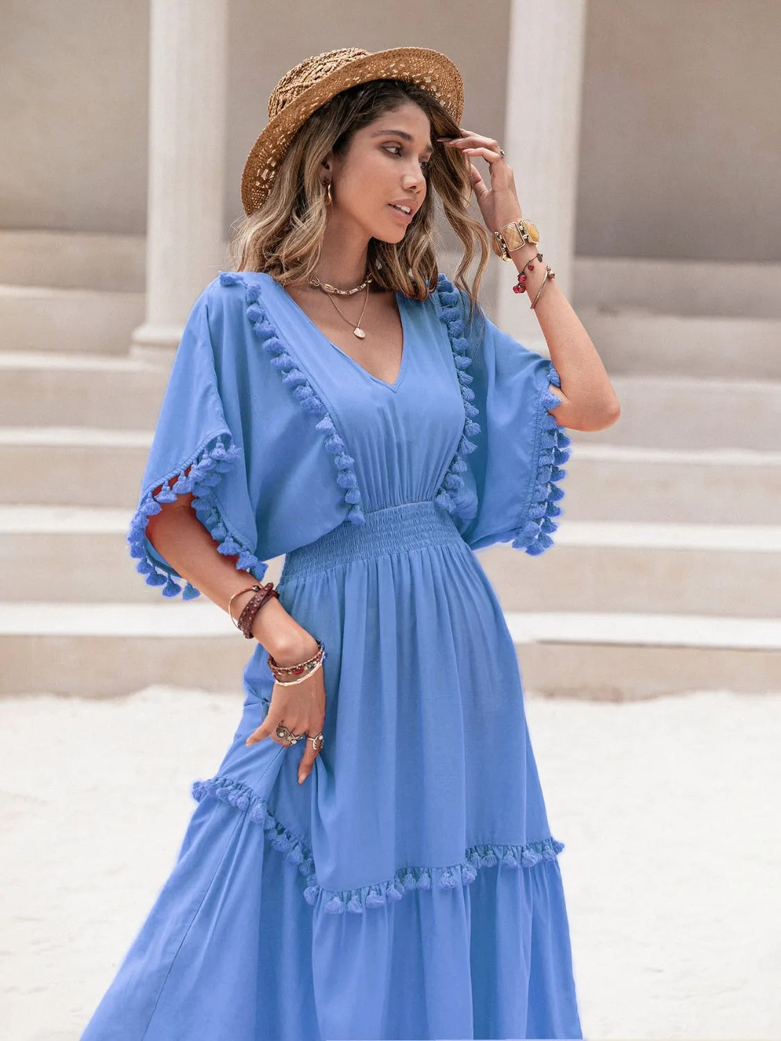 Tassel Trim Smocked V-Neck Short Sleeve Dress Casual Dresses - Tophatter Daily Deals