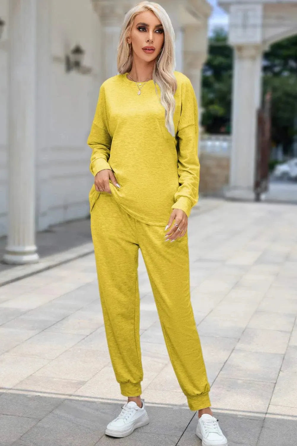 Round Neck Top and Drawstring Pants Lounge Set True Yellow Loungewear Sets - Tophatter Daily Deals