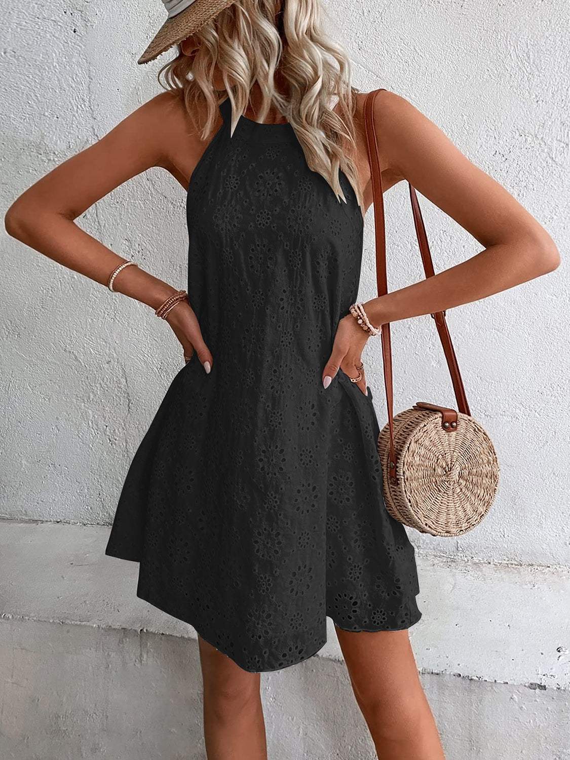 Eyelet Grecian Neck Mini Dress Casual Dresses - Tophatter Daily Deals