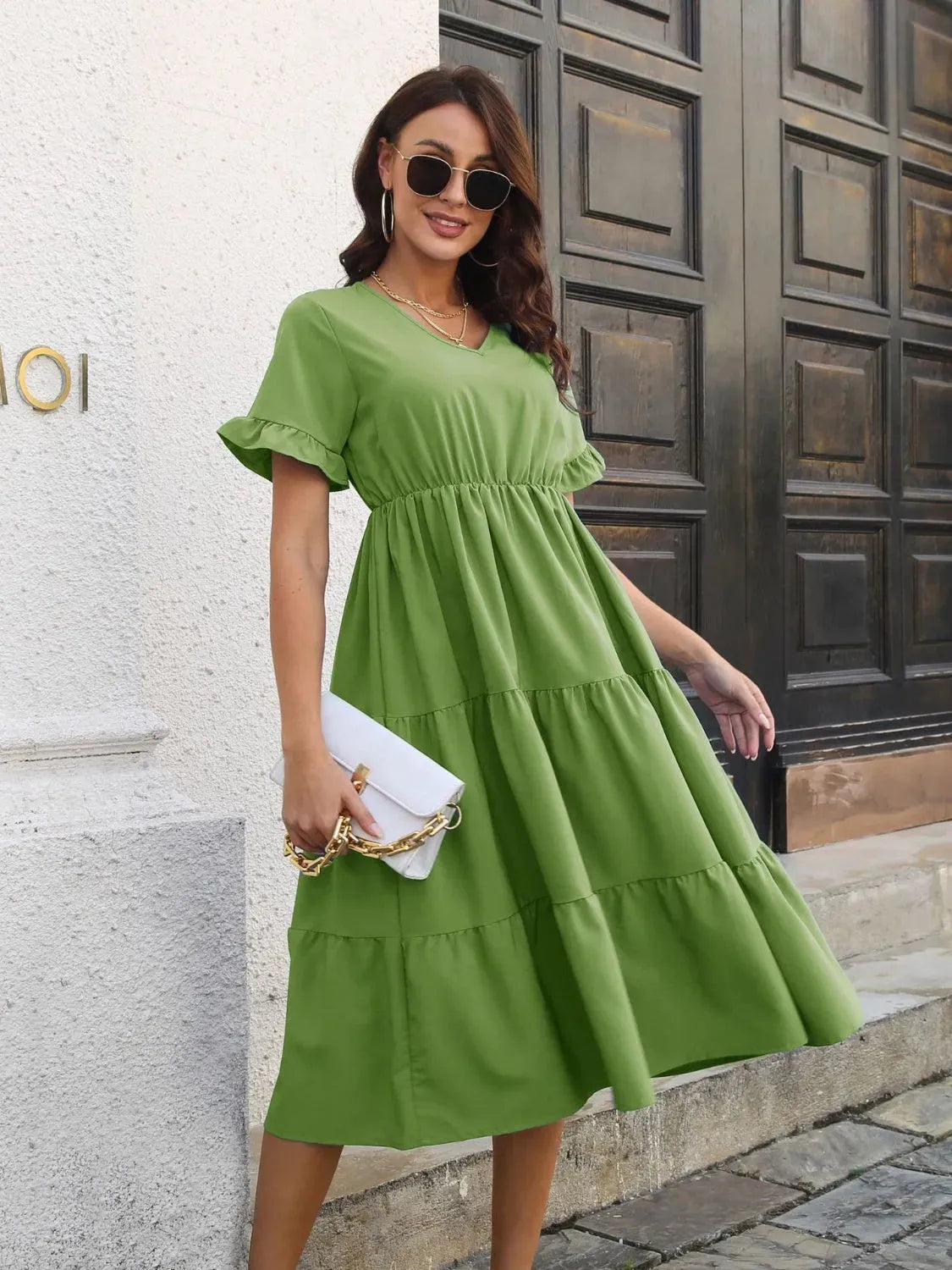 V-Neck Short Sleeve Midi Dress Matcha Green Casual Dresses - Tophatter Daily Deals