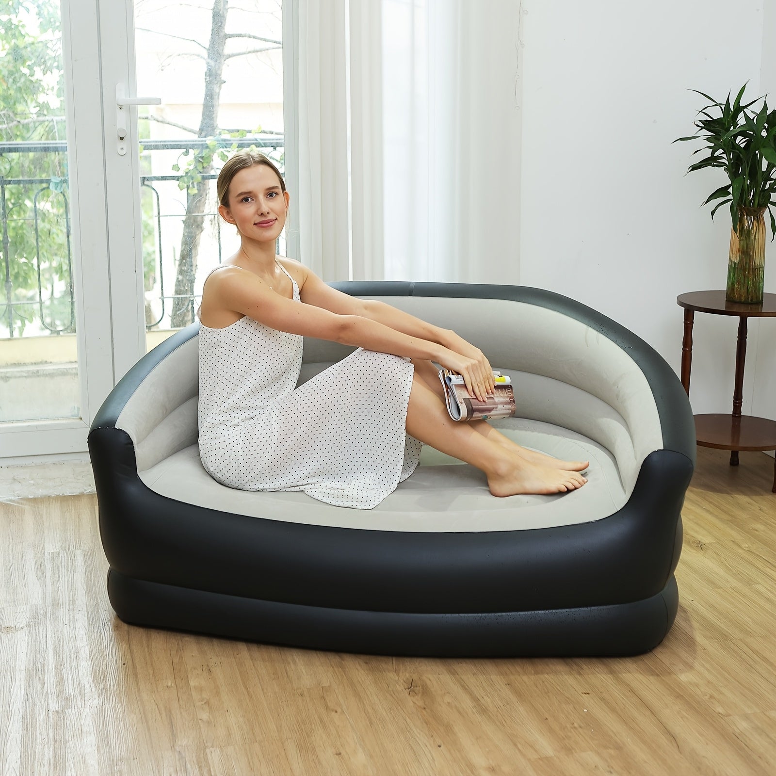 Double Inflatable Folding Sofa Plush Lounge Chair Camping & Hiking - Tophatter Daily Deals
