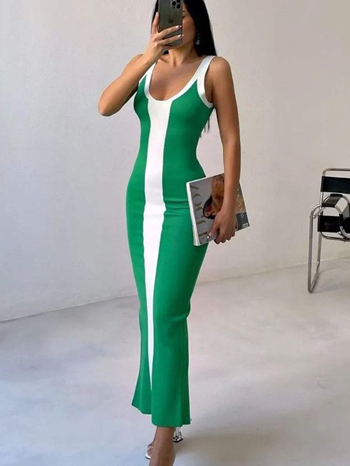 Contrast Wide Strap Slit Midi Dress Casual Dresses - Tophatter Daily Deals