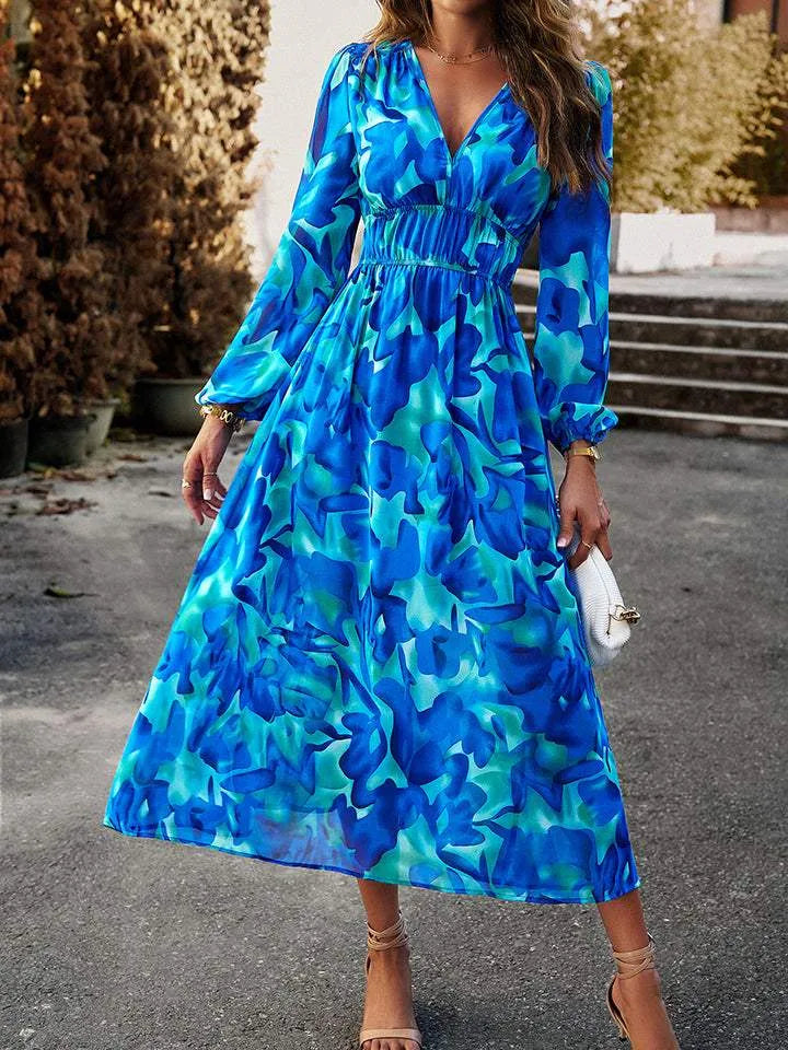 Printed V-Neck Long Sleeve Midi Dress Casual Dresses - Tophatter Daily Deals