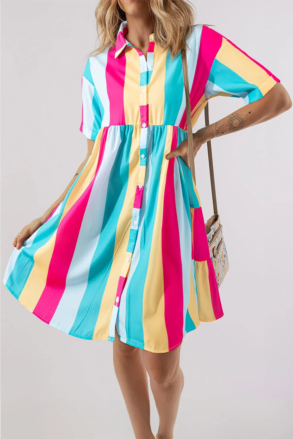 Color Block Half Sleeve Mini Dress Hot Pink Casual Dresses - Tophatter Daily Deals