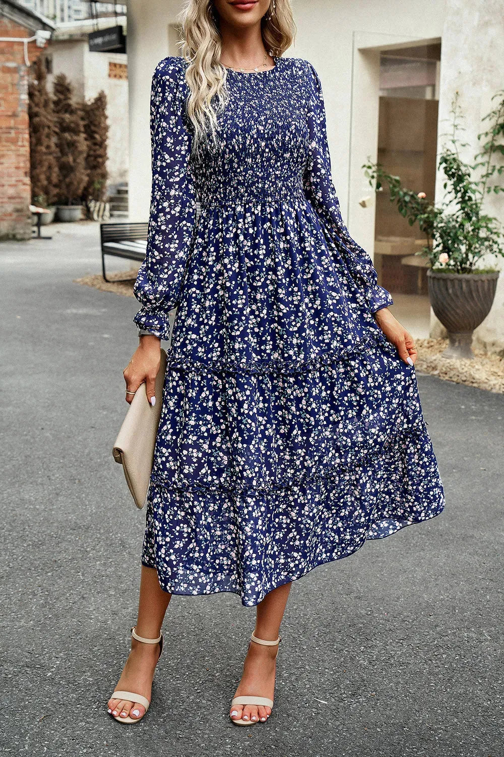 Smocked Flounce Sleeve Midi Dress Casual Dresses - Tophatter Daily Deals