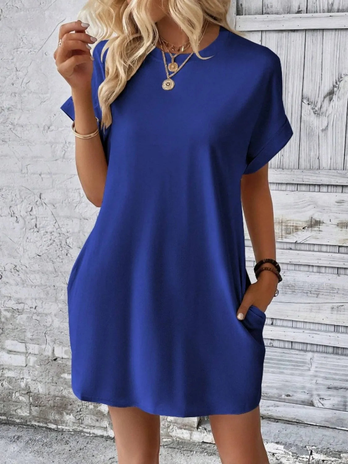 Pocketed Round Neck Short Sleeve Dress Navy Casual Dresses - Tophatter Daily Deals