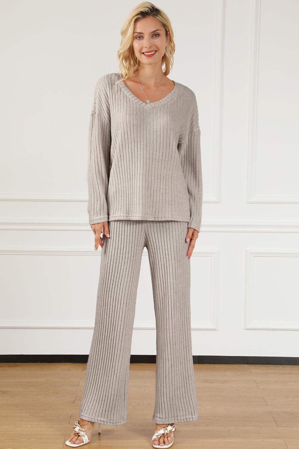 Ribbed V-Neck Top and Pants Lounge Set Light Gray Loungewear Sets - Tophatter Daily Deals