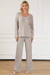 Ribbed V-Neck Top and Pants Lounge Set Light Gray Loungewear Sets - Tophatter Daily Deals