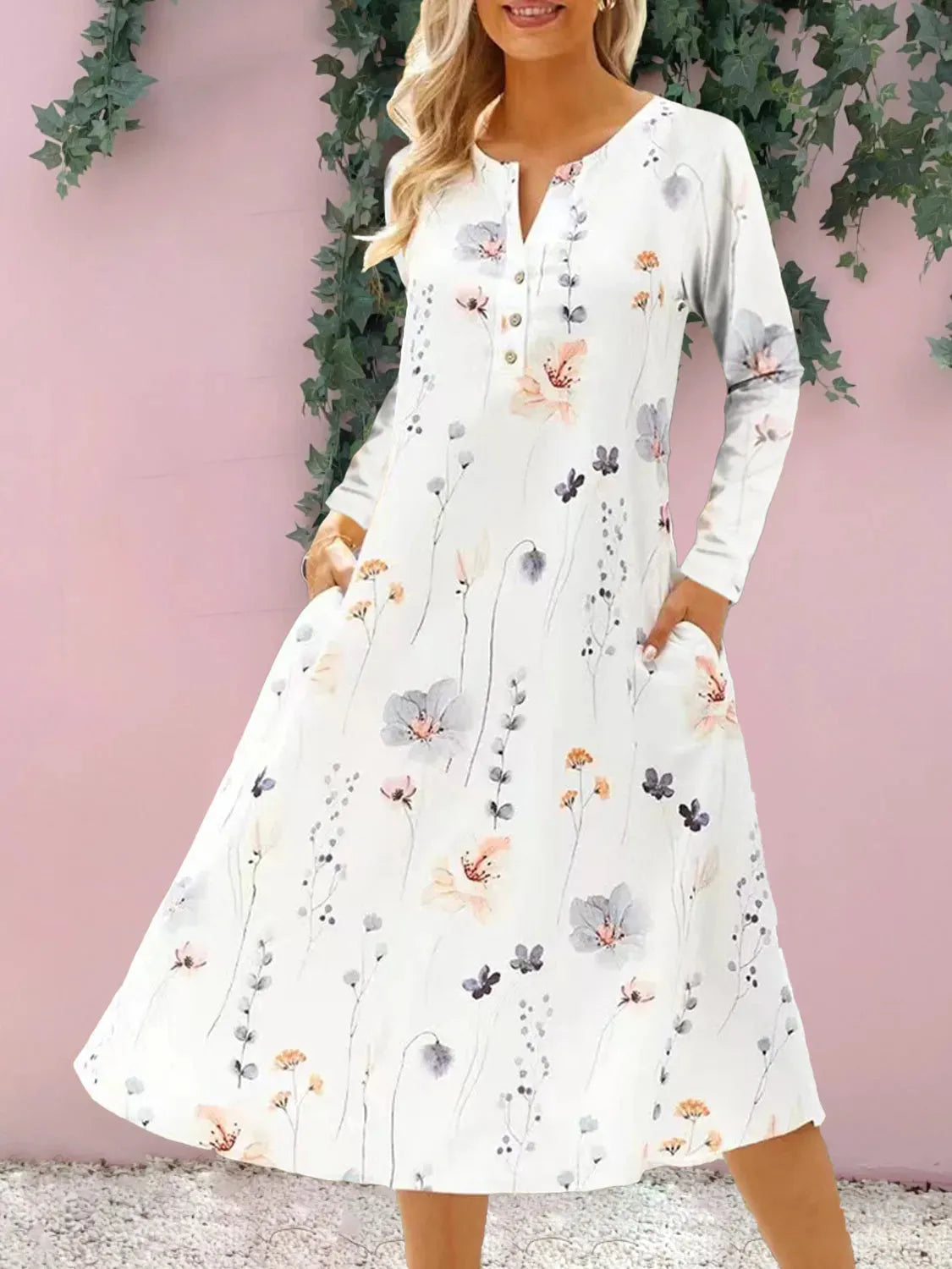 Floral Notched Long Sleeve Midi Dress White Casual Dresses - Tophatter Daily Deals