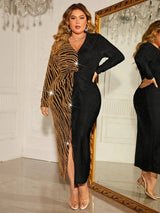 Plus Size Contrast V-Neck Slit Dress Cocktail Dresses - Tophatter Daily Deals