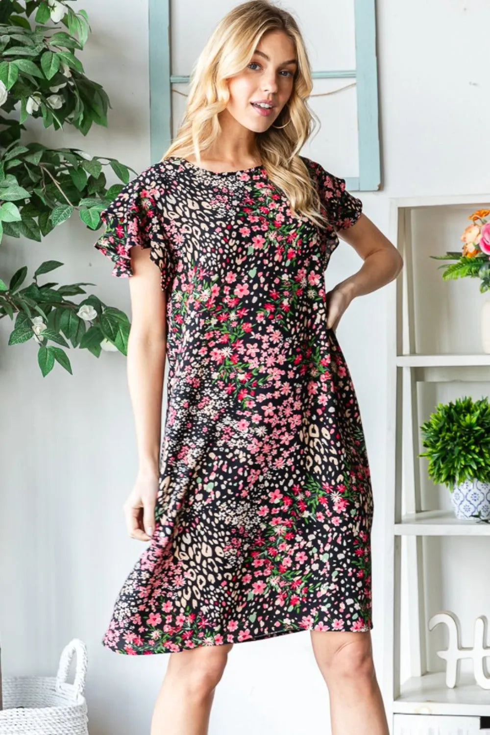 Heimish Full Size Printed Ruffled Short Sleeve Dress with Pockets Black Casual Dresses - Tophatter Daily Deals