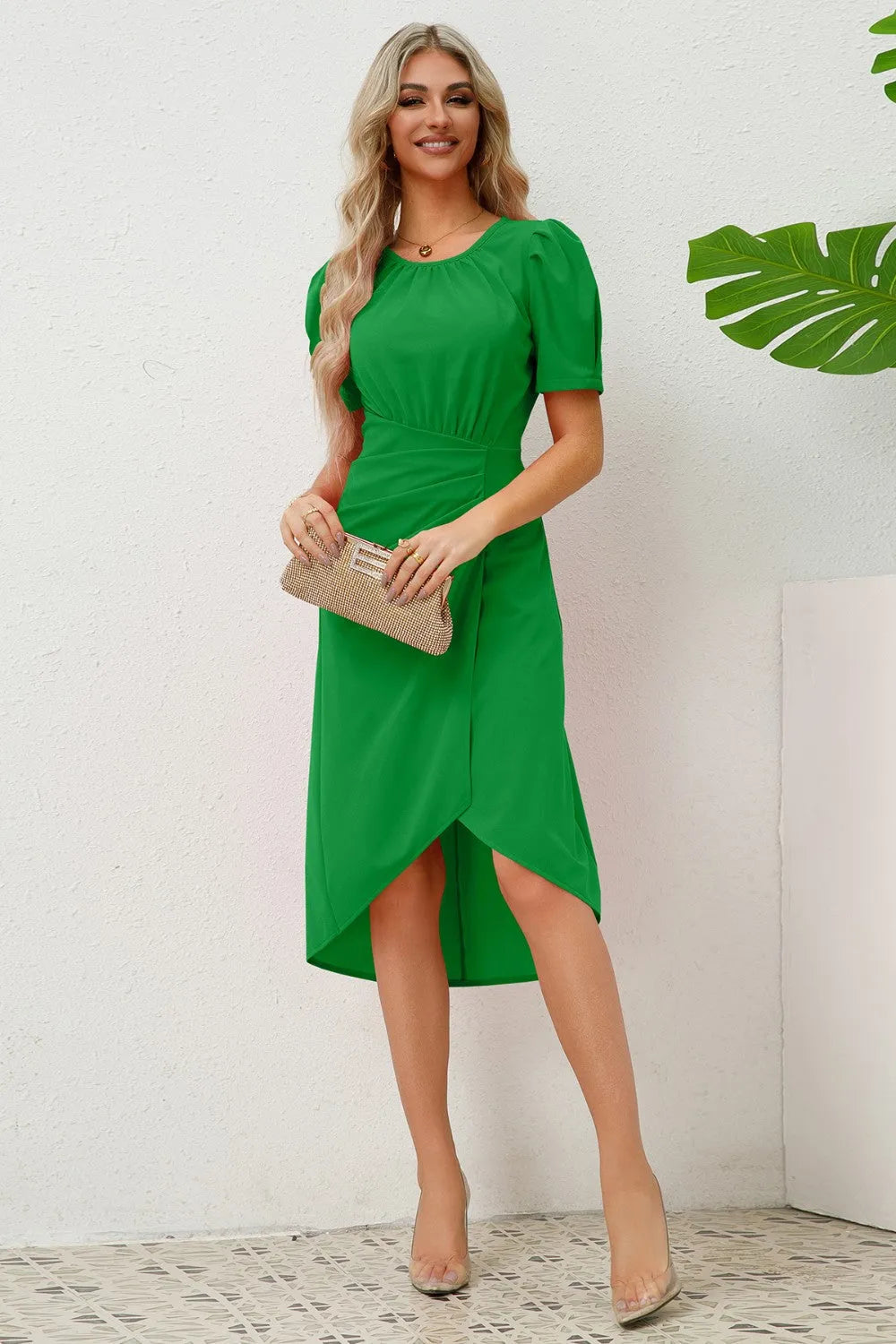 Slit Ruched Round Neck Puff Sleeve Dress Mid Green Casual Dresses - Tophatter Daily Deals