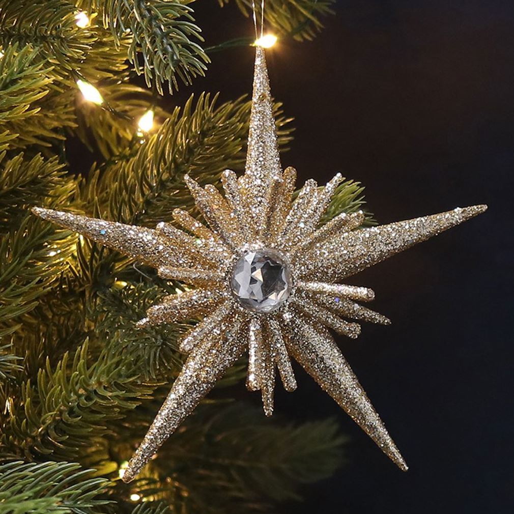 Gold Diamante Star Bauble | 3D Gold Glitter Star Christmas Tree Ornament - 12cm Baubles - Tophatter Daily Deals