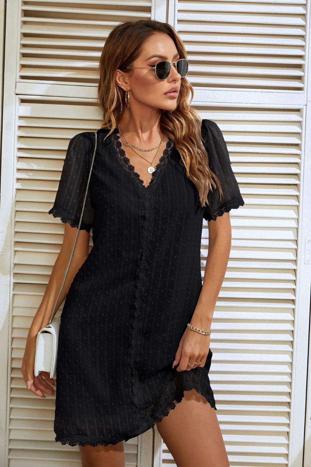 Lace Detail V-Neck Short Sleeve Dress Casual Dresses - Tophatter Daily Deals