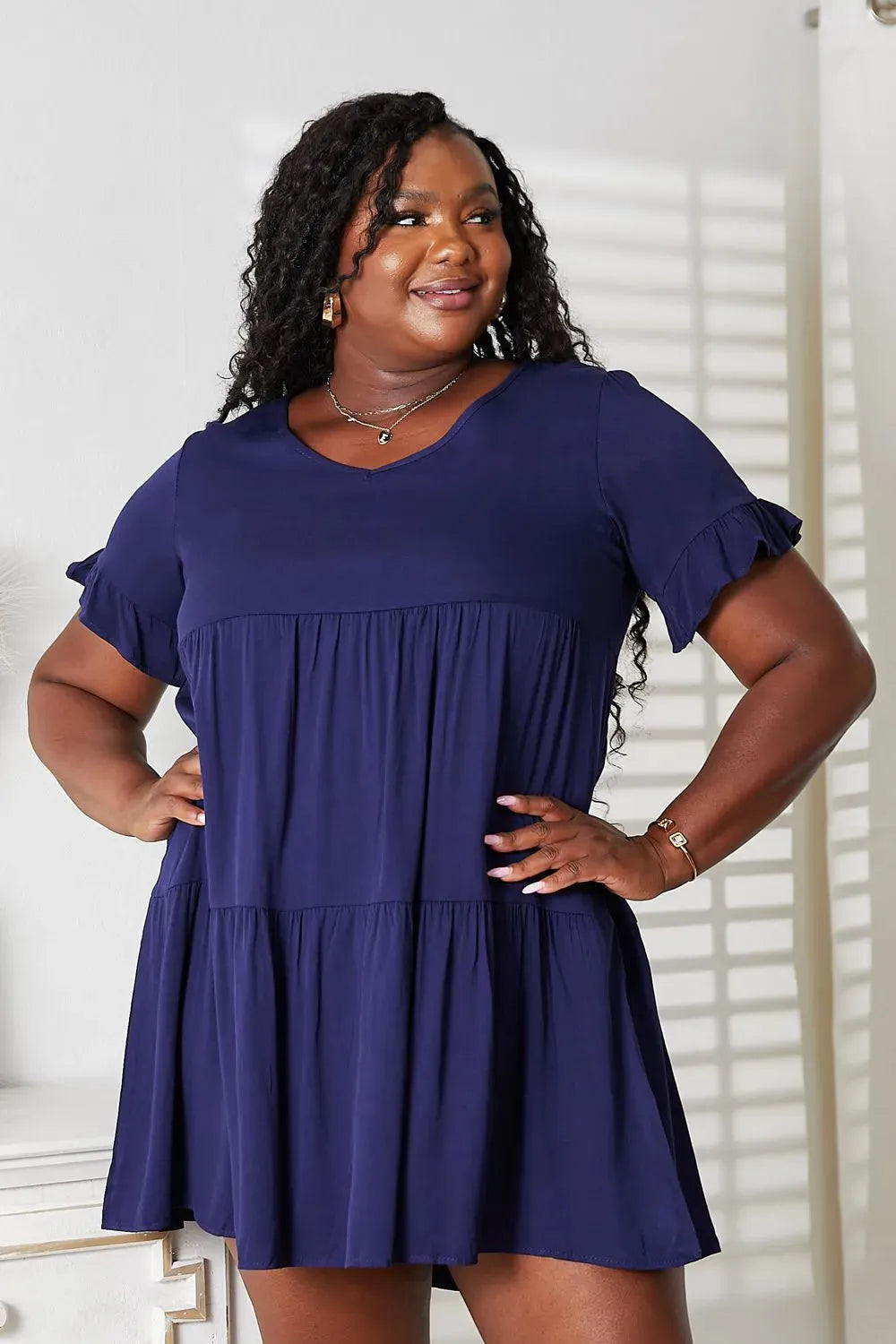 Double Take V-Neck Flounce Sleeve Tiered Dress Navy Casual Dresses - Tophatter Daily Deals