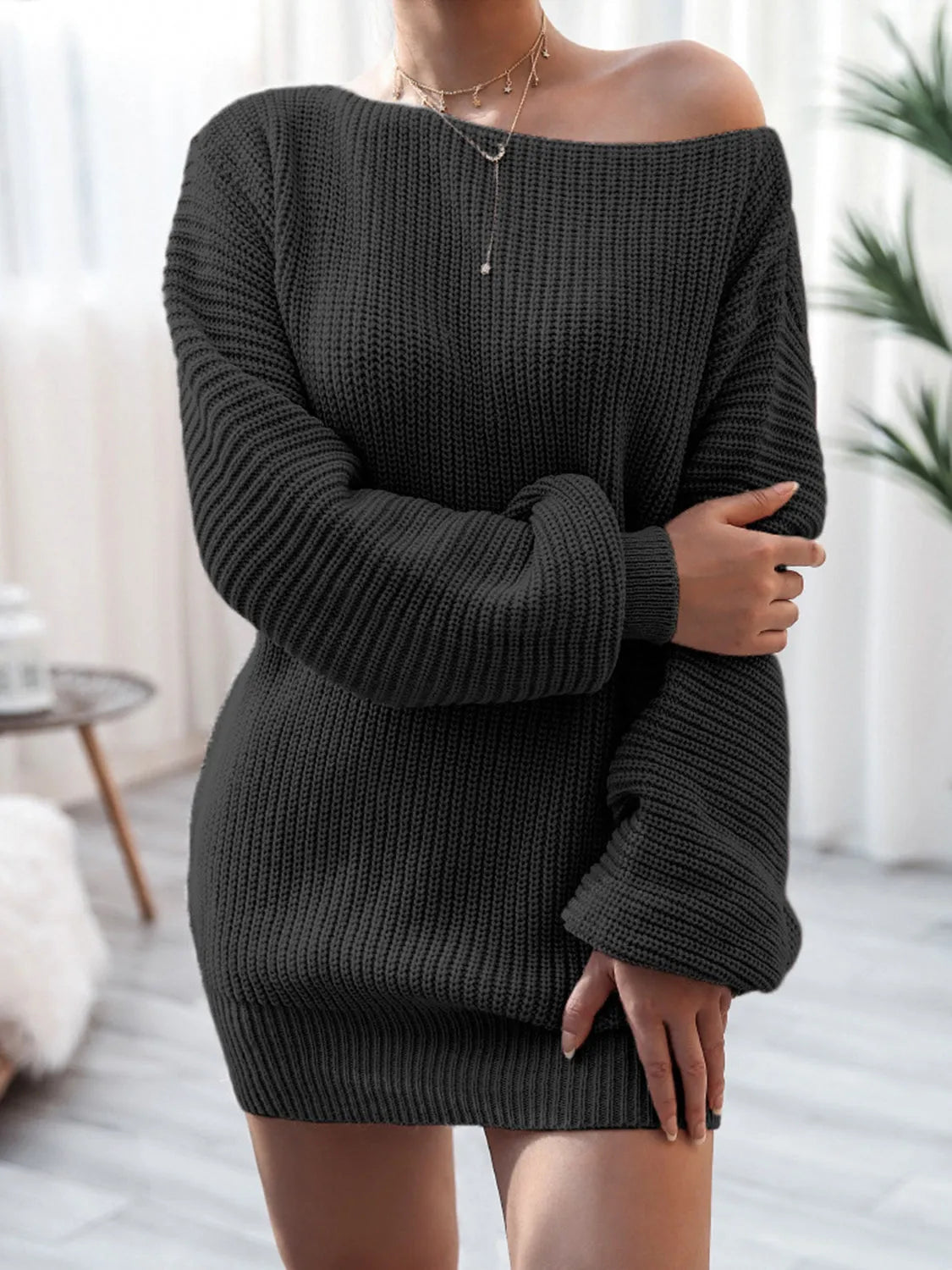 Rib-Knit Mini Sweater Dress Black Casual Dresses - Tophatter Daily Deals