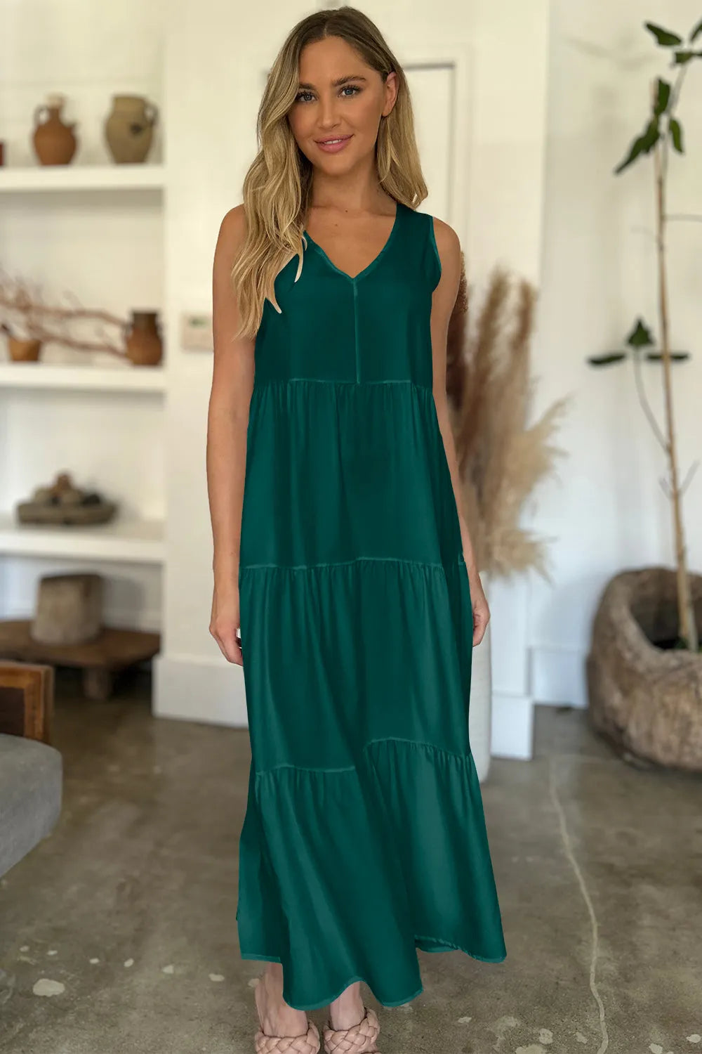 V-Neck Sleeveless Midi Tiered Dress Casual Dresses - Tophatter Daily Deals