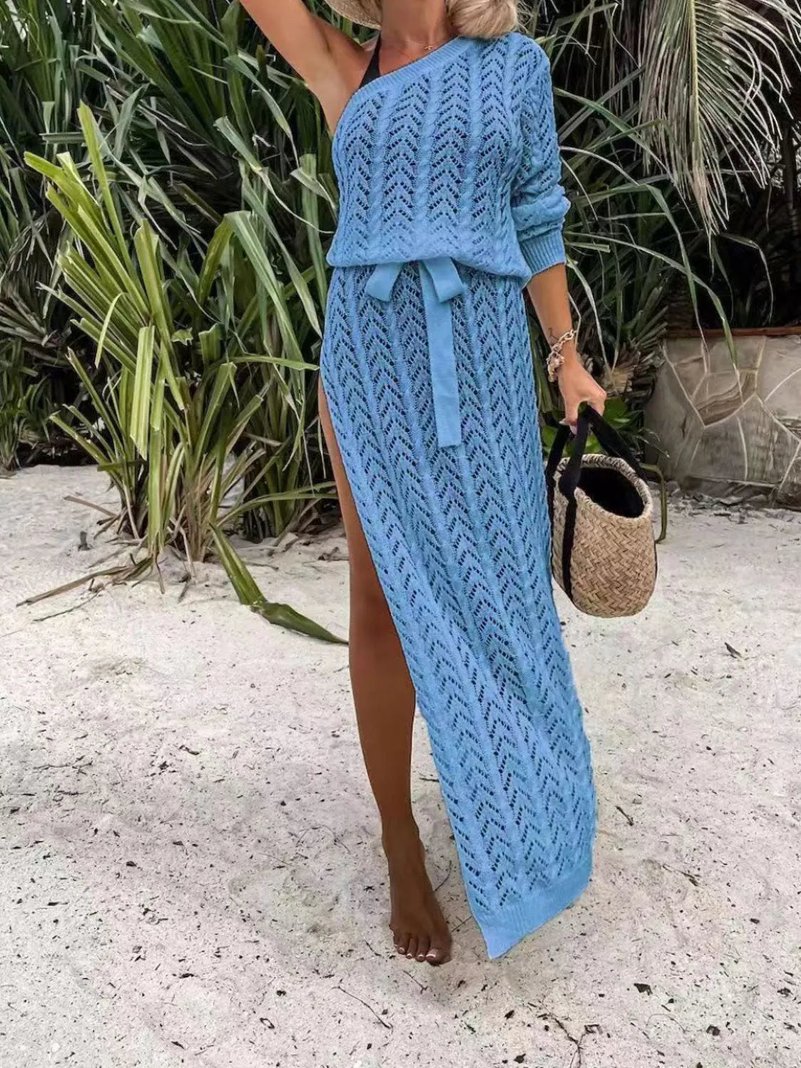 Slit Openwork Single Shoulder Knit Dress Azure Casual Dresses - Tophatter Daily Deals