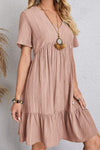 Full Size Ruched V-Neck Short Sleeve Dress Light Mauve Casual Dresses - Tophatter Daily Deals