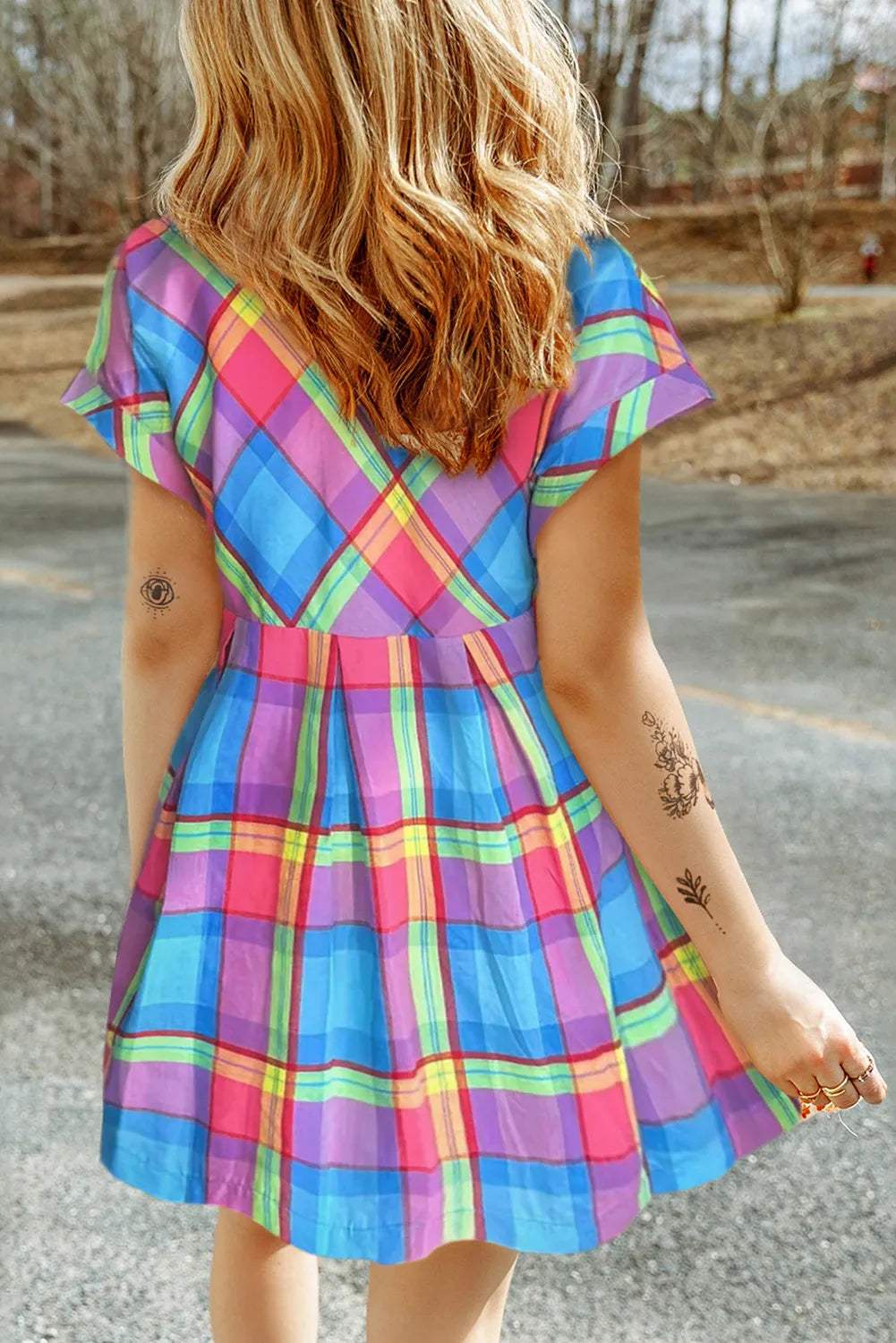 Plaid Notched Short Sleeve Mini Dress Casual Dresses - Tophatter Daily Deals