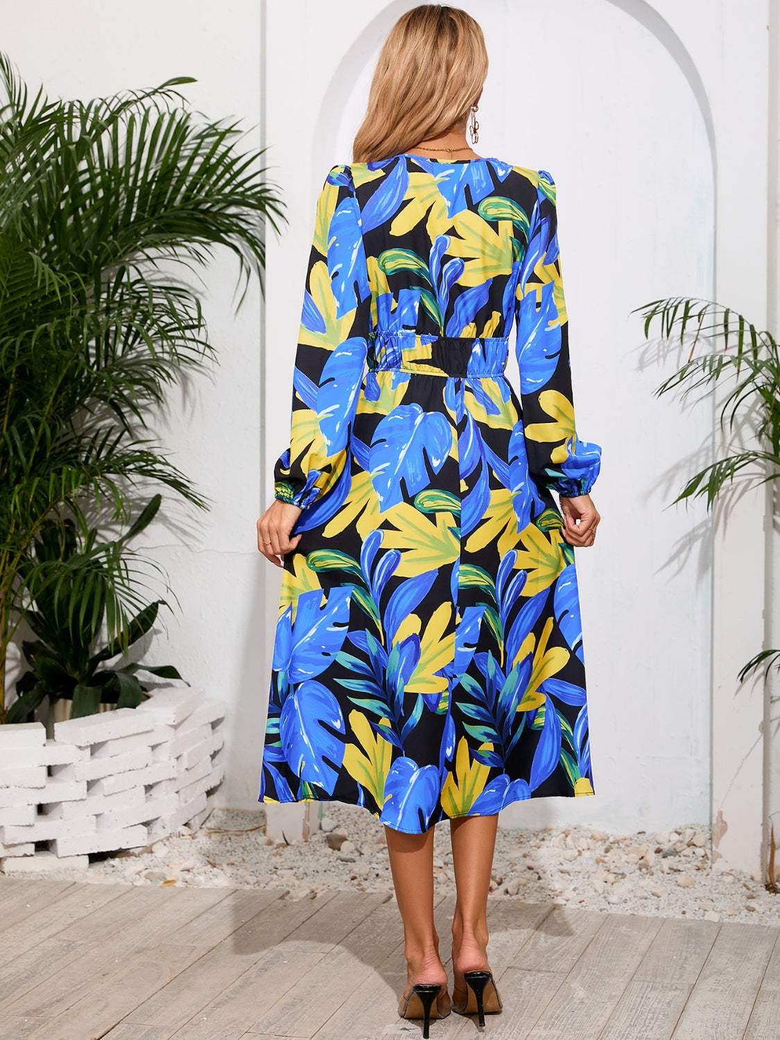 Printed Surplice Long Sleeve Midi Dress Casual Dresses - Tophatter Daily Deals