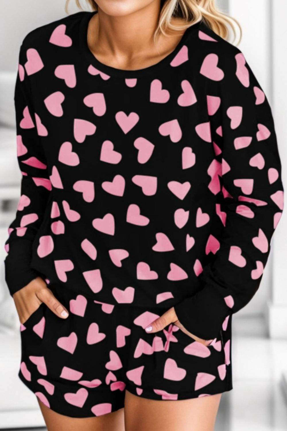 Heart Print Round Neck Top and Shorts Lounge Set Black Loungewear Sets - Tophatter Daily Deals