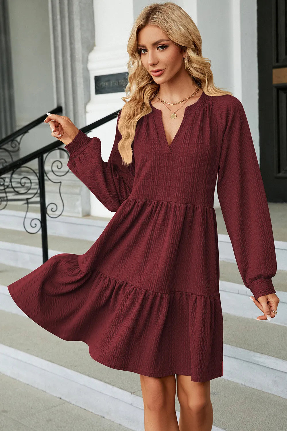 Ruched Notched Long Sleeve Mini Dress Casual Dresses - Tophatter Daily Deals