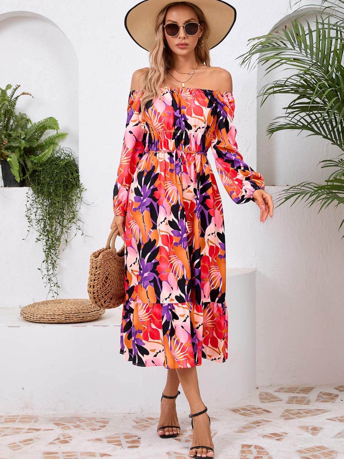 Printed Long Sleeve Midi Dress Orange-Red Casual Dresses - Tophatter Daily Deals