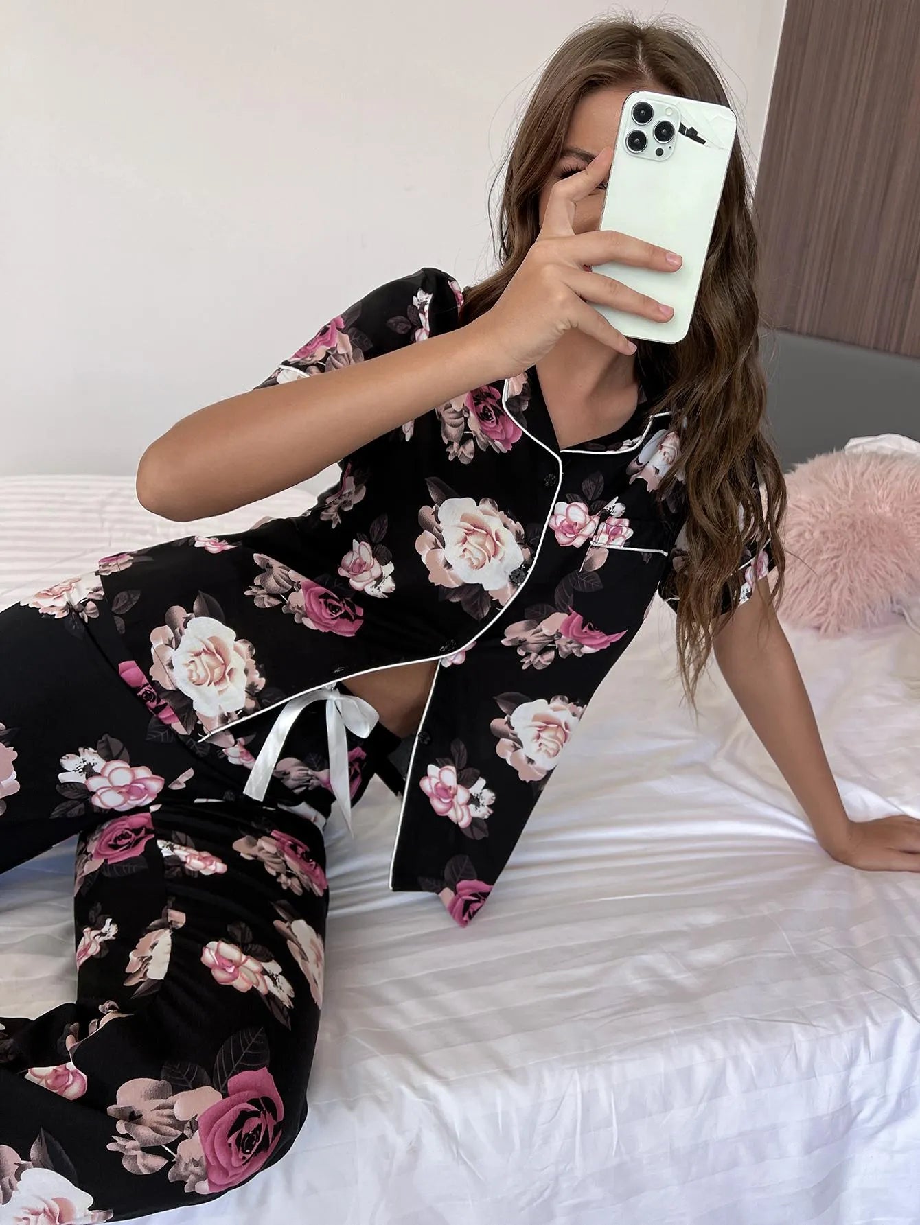 Floral Short Sleeve Shirt and Pants Lounge Set Loungewear Sets - Tophatter Daily Deals