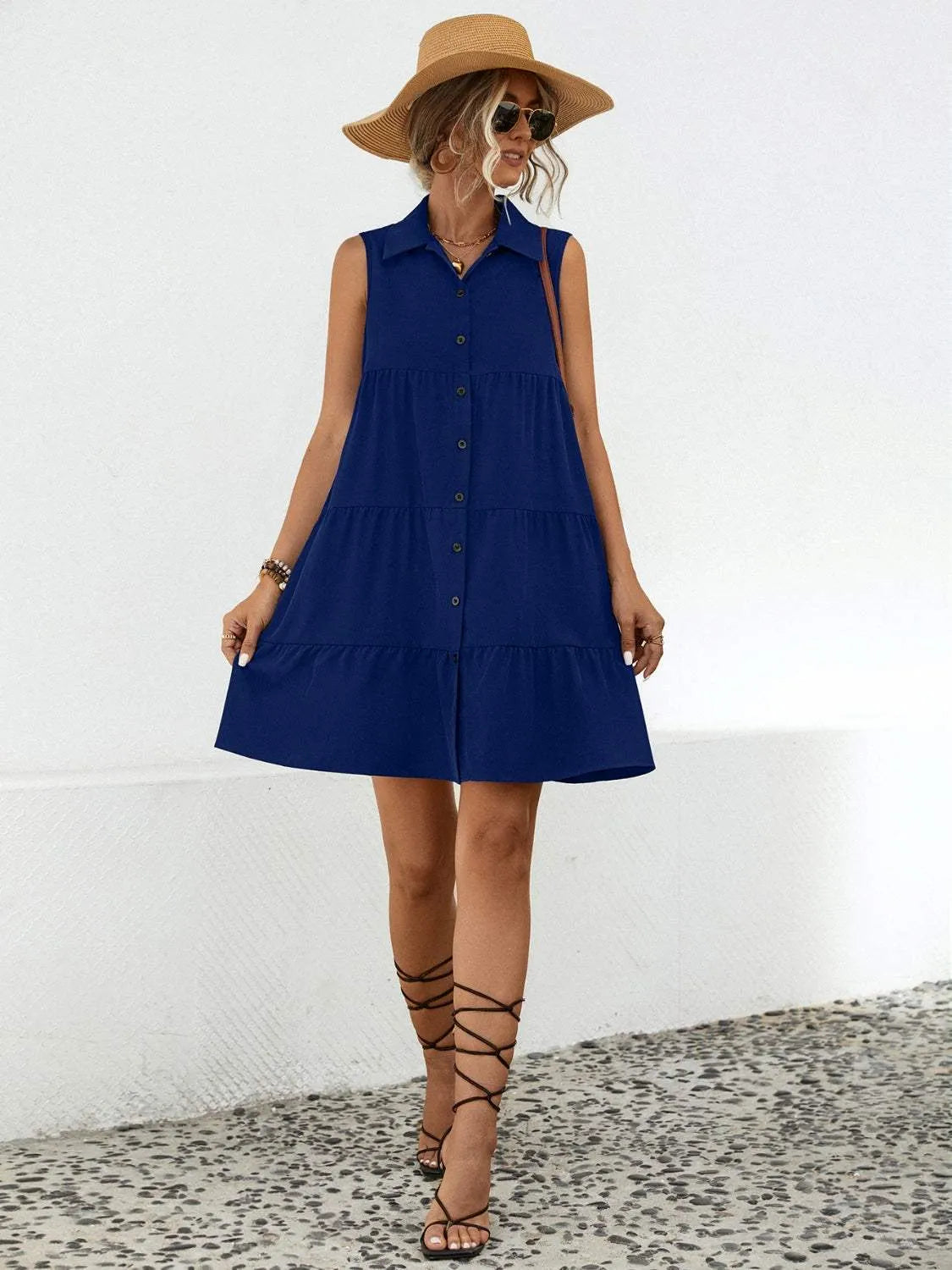 Button Up Sleeveless Mini Dress Casual Dresses - Tophatter Daily Deals