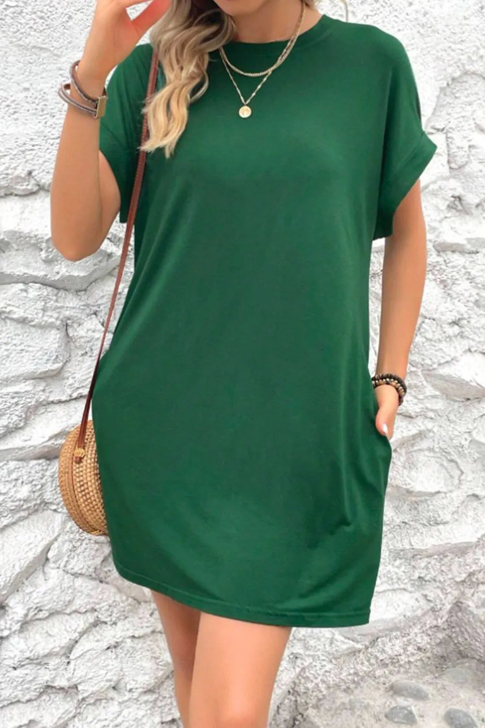 Pocketed Round Neck Short Sleeve Dress Casual Dresses - Tophatter Daily Deals