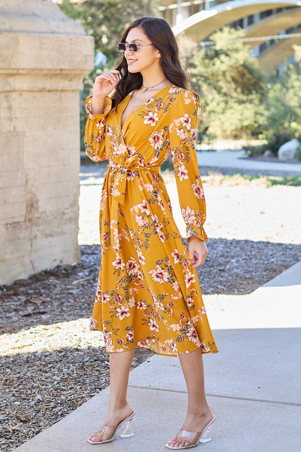 Double Take Full Size Floral Tie Back Flounce Sleeve Dress Casual Dresses - Tophatter Daily Deals